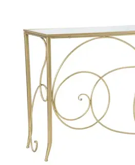 Estila Designový glamour konzolový stolek Nastrillo se zrcadlovou vrchní deskou a zlatou podstavou s ozdobnými oblouky 140 cm