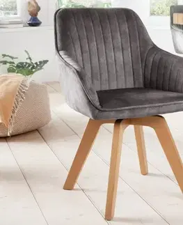 Estila Skandinávské otočné moderní sametové jídelní křeslo Caballet s opěrkami na ruce a potahem šedé barvy 84cm