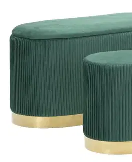 Estila Designová art deco sada Ponzi ze dvou taburetek a oválné lavice s úložným prostorem se zeleným čalouněním 80 cm