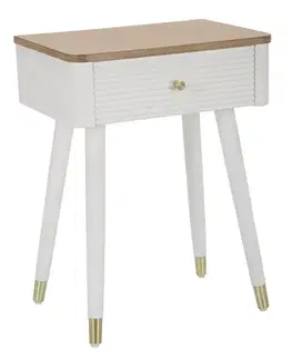 Estila Art deco obdélníkový dřevěný noční stolek Samira s hnědou deskou s bílým korpusem se zásuvkou se zlatými detaily 62 cm