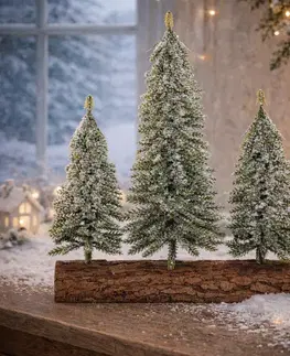 Vánoční dekorace Smrky na špalku - trio, 34 cm, ojíněný, zelená
