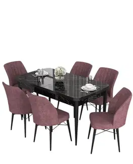 Extendable Dining Table & Chairs Set (7 Pieces) Eva - Black Marble, Dusty Rose
