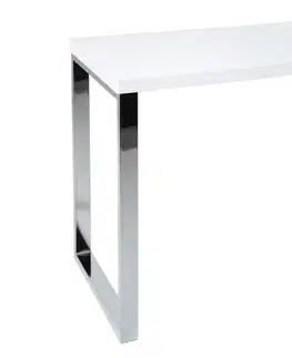 Estila Moderní psací stůl Linear s bílou lesklou deskou a hranatým kovovým nohama ve stříbrné chromové úpravě 120 cm