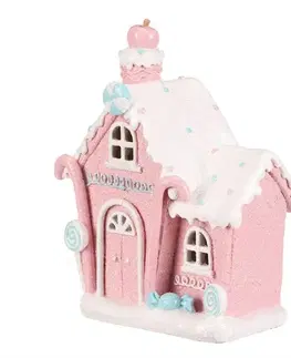 Vánoční dekorace Domek z cukrovinek, polyresin, LED, růžová