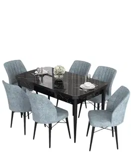Extendable Dining Table & Chairs Set (7 Pieces) Eva - Black Marble, Grey