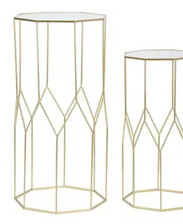 Estila Art deco set osmiúhelníkových kovových zlatých příručních stolků Lamier se skleněnou vroubkovanou deskou 100 cm