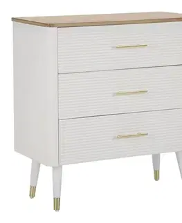 Estila Art deco obdélníková bílá komoda Samira se třemi zásuvkami se zlatými úchyty a hnědou vrchní deskou 80 cm