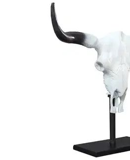 Estila Venkovská bílá dekorace Bull s černými rohy na zeď nebo postavení na obdélníkový černý stojan 50 cm