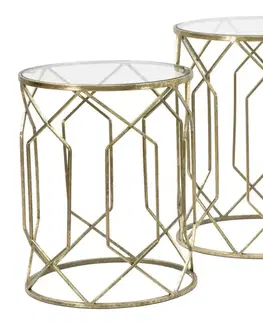 Estila Designová glamour sada kulatých příručních stolků Aurelle se skleněnými deskami a zlatým rámem s geometrickým vzorem 53 cm