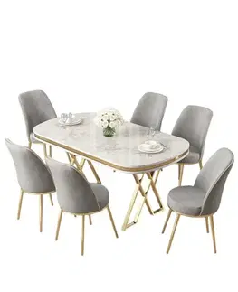 Dining Table & Chairs Set (7 Pieces) Lai - White, Gold, Grey