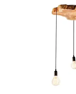 Estila Designový industriální lustr Hypnotic s prvkem z hnědého masivního dřeva longan a třemi visícími žárovkami 80 cm