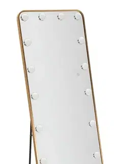 Estila Designové glamour stojící zrcadlo Hilly s LED osvětlením a zlatým obdélníkovým rámem z kovu 160 cm