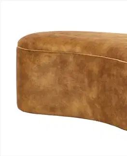 Estila Designová art deco čalouněná lavice Magritte organického tvaru s hořčicovým žlutým sametovým potahem a úložným prostorem 120 cm