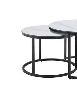 Estila Moderní sada bílých kulatých konferenčních stolků Ceramia Blanca s šedým mramorováním a černou podstavou 47 cm