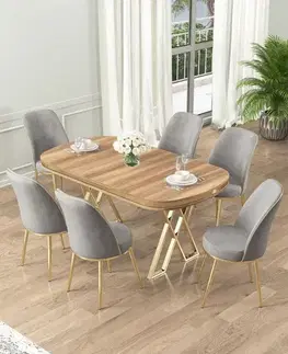 Dining Table & Chairs Set (7 Pieces) Lai - Light Walnut, Gold, Grey