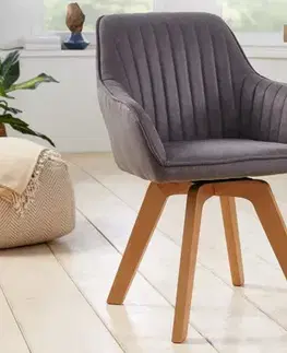 Estila Moderní otočná jídelní židle Caballet s šedým potahem z mikrovlákna a masivními nohama 84cm