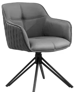 Estila Designová otočná jídelní židle Lion v šedé kůži s prošívaným vzorem a černými kovovými nožičkami 82 cm