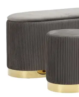 Estila Designová art deco sada taburetek a lavice Ponzi s šedým sametovým potahem a zlatou podstavou s úložným prostorem 80 cm