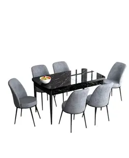 Extendable Dining Table & Chairs Set (7 Pieces) Han - Black Marble, Grey
