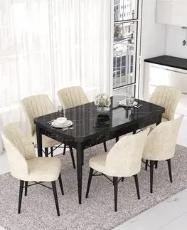 Extendable Dining Table & Chairs Set (7 Pieces) Nef - Black Marble, Cream