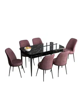 Extendable Dining Table & Chairs Set (7 Pieces) Han - Black Marble, Dusty Rose