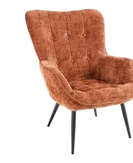 Estila Designové retro křeslo Scandinavia s žinylkovým potahem s prošíváním s knoflíky v rezavé hnědé barvě a černýma nohama 73 cm