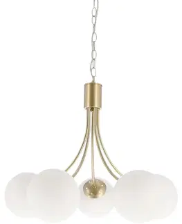 Mosazná závěsná lampa Dani 5x40W E14, bílé stínidlo, elegantní stropní svítidlo do obývacího pokoje, klasický i moderní styl, pět světelných bodů