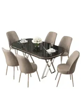 Dining Table & Chairs Set (7 Pieces) Lai - Black Marble, Chrome, Cappuccino