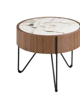Estila Luxusní moderní kulatý příruční stolek Vita Naturale ze dřeva v hnědé barvě s vrchní deskou s designem bílého mramoru 50 cm