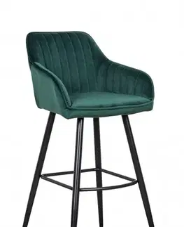 Estila Moderní barová židle Vittel se sametovým smaragdovým potahem s černými kovovými nohami 102cm