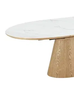 Estila Moderní oválný rozkládací bílý jídelní stůl Marmol Lignia s mramorovým designem a dubovou hnědou nohou 160-200 cm