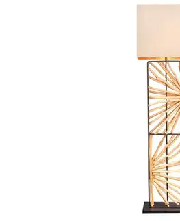 Estila Designová etno stojací lampa Adduro s podstavou z černého kovu a masivního dřeva ve hnědé barvě s béžovým stínítkem 165 cm