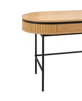 Estila Designový industriální oválný psací stůl Maderia s černou kovovou konstrukcí a dubovou hnědou deskou se zásuvkou 120 cm