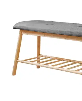 Estila Designová skandinávska lavice Bobby s šedým čalouněným sedadlem a světlou hnědou bambusovou konstrukcí s policí 90 cm