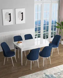 Extendable Dining Table & Chairs Set (7 Pieces) Han - White, Navy Blue
