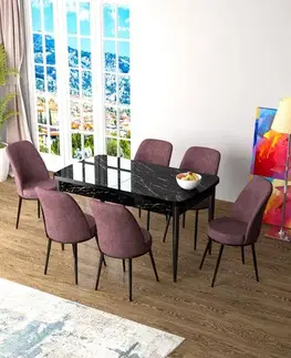 Extendable Dining Table & Chairs Set (7 Pieces) Zen - Black Marble, Dusty Rose