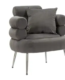 Estila Moderní art deco křeslo Taglia s designovou opěrkou s šedým sametovým potahem a chromovými nožičkami 85 cm