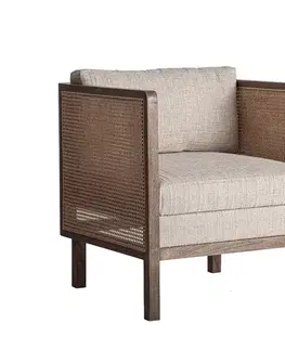 Estila Luxusní art deco ratanové vyplétané křeslo Jufam z mangového hnědého dřeva se strukturovaným textilním béžovým potahem 77 cm
