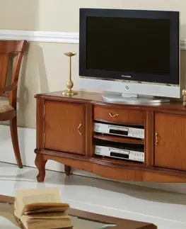 Estila Luxusní rustikální dvoudveřový TV stolek Castilla na vyřezávaných nohách se dvěma policemi a zásuvkou ve volitelné barvě 150 cm
