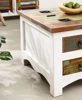 Estila Masivní koloniální konferenční stolek Jakarta white v bílé barvě se čtyřmi zásuvkami a otevírací vrchní deskou 70cm