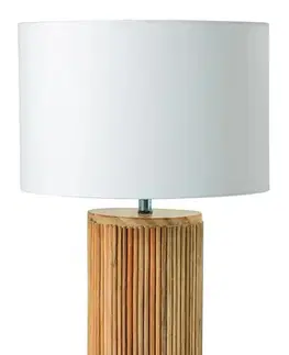 Estila Designová kulatá stolní lampa Willow s bílým bavlněným stínítkem a válcovou masivní hnědou ozdobnou nohou 48 cm