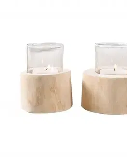 Estila Etno set tří kulatých teakových svícnů Solaro ve světle hnědé barvě s matným povrchem a skleněnou ochranou 14 cm