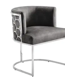 Estila Art deco jídelní židle Leara s šedým sametovým potahem a stříbrnou kovovou konstrukcí se vzorem medového plátu 75 cm