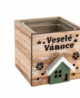 Dřevěný svícen se sklem Veselé Vánoce, 9 x 8,5 cm, přírodní