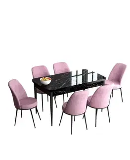 Extendable Dining Table & Chairs Set (7 Pieces) Han - Black Marble, Pink