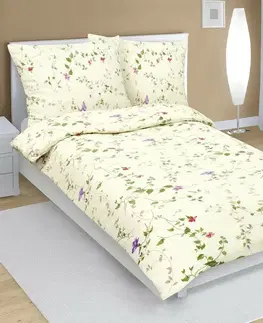 Bellatex Krepové povlečení Fialky smetanová, 140 x 200 cm, 70 x 90 cm