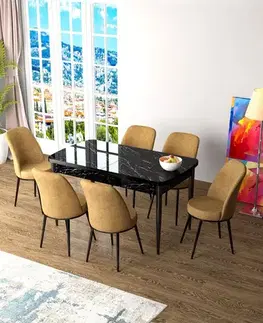 Extendable Dining Table & Chairs Set (7 Pieces) Zen - Black Marble, Cappuccino