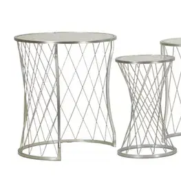 Estila Art deco sada kulatých stříbrných příručních stolků Deli se strukturovanou deskou a nohou s diamantovým vzorem 70 cm