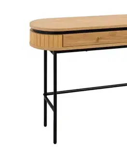 Estila Designový industriální konzolový stolek Maderia s oválnou deskou a dvěma zásuvkami v dubové hnědé a černé barvě 120 cm