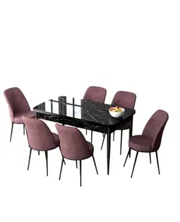 Extendable Dining Table & Chairs Set (7 Pieces) Zen - Black Marble, Dusty Rose